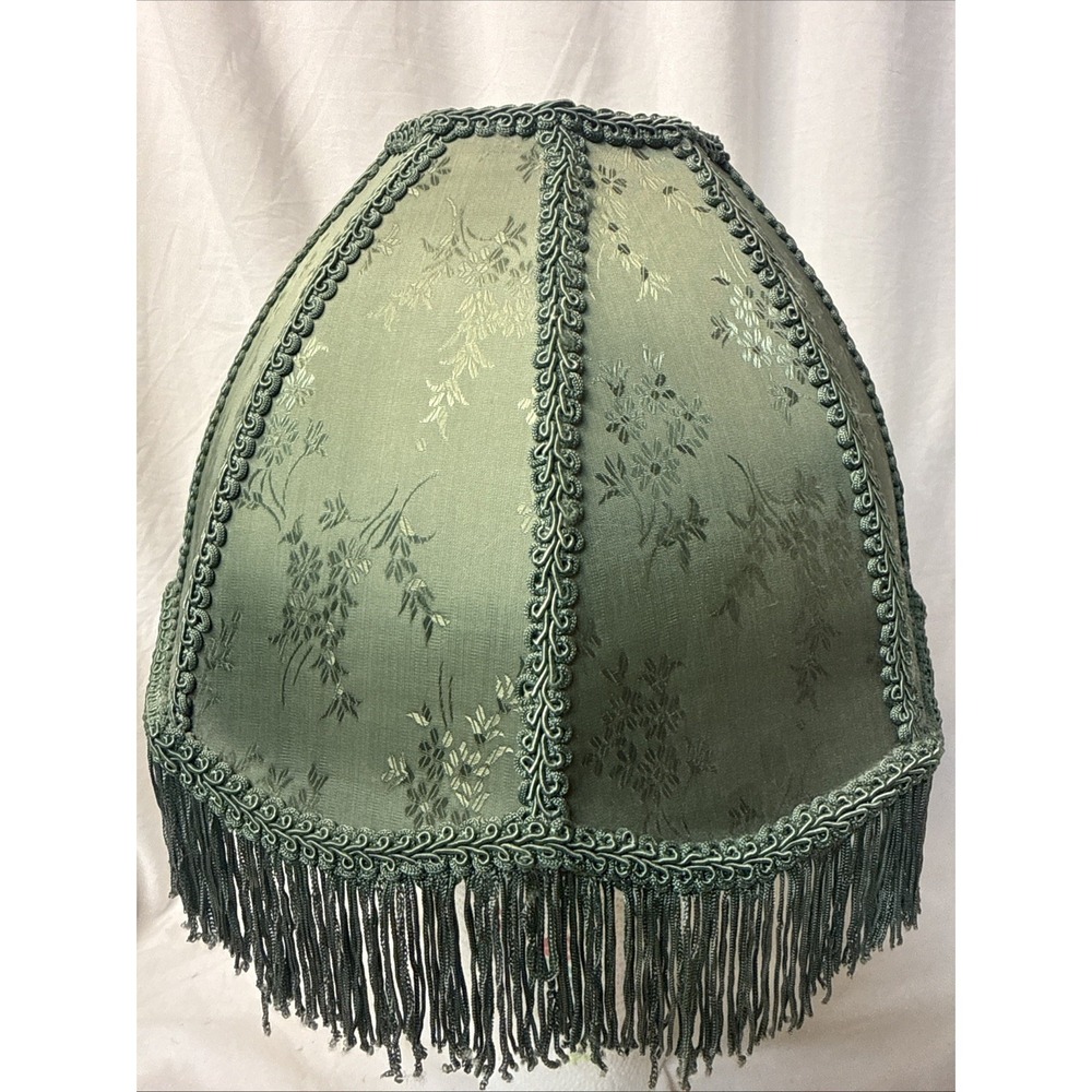 Vintage Victorian Style Green Lamp Shade Damask Brocade Fabric Fringe Floral